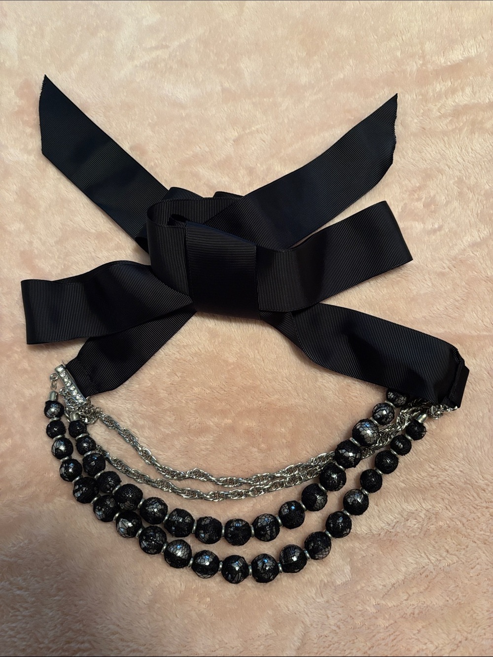 WHBM Black Ribbon Tie Belt with Beaded Strands